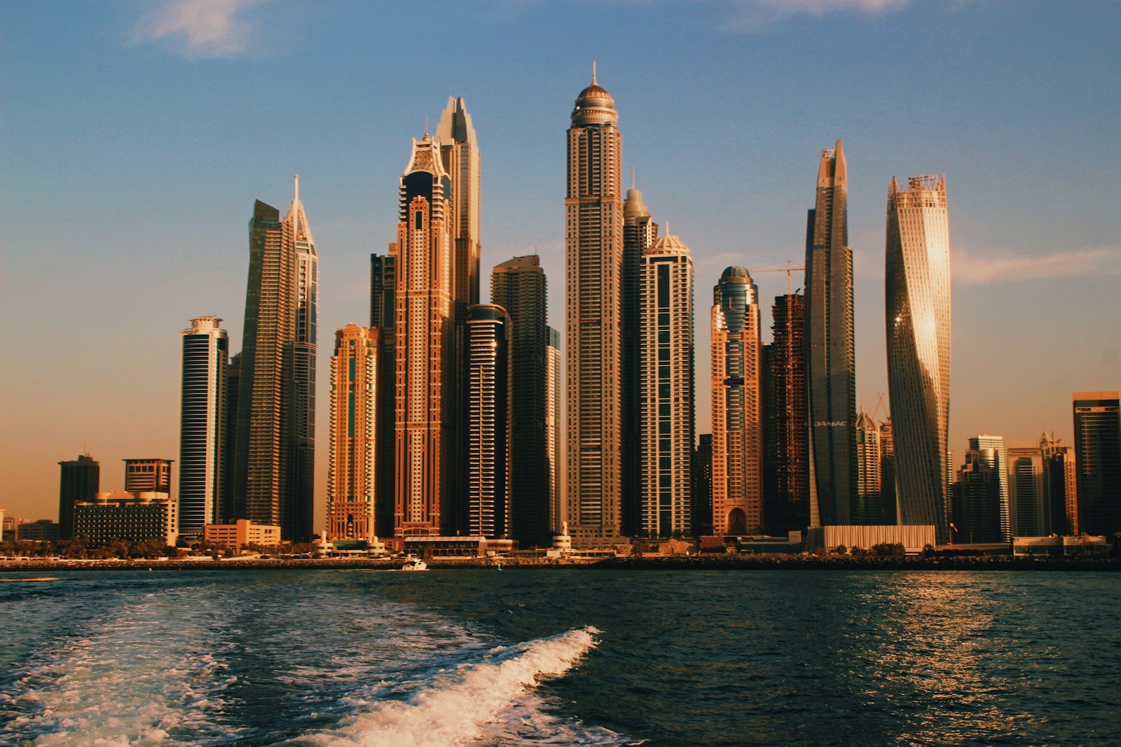 Dubai Marina skyline at golden hour